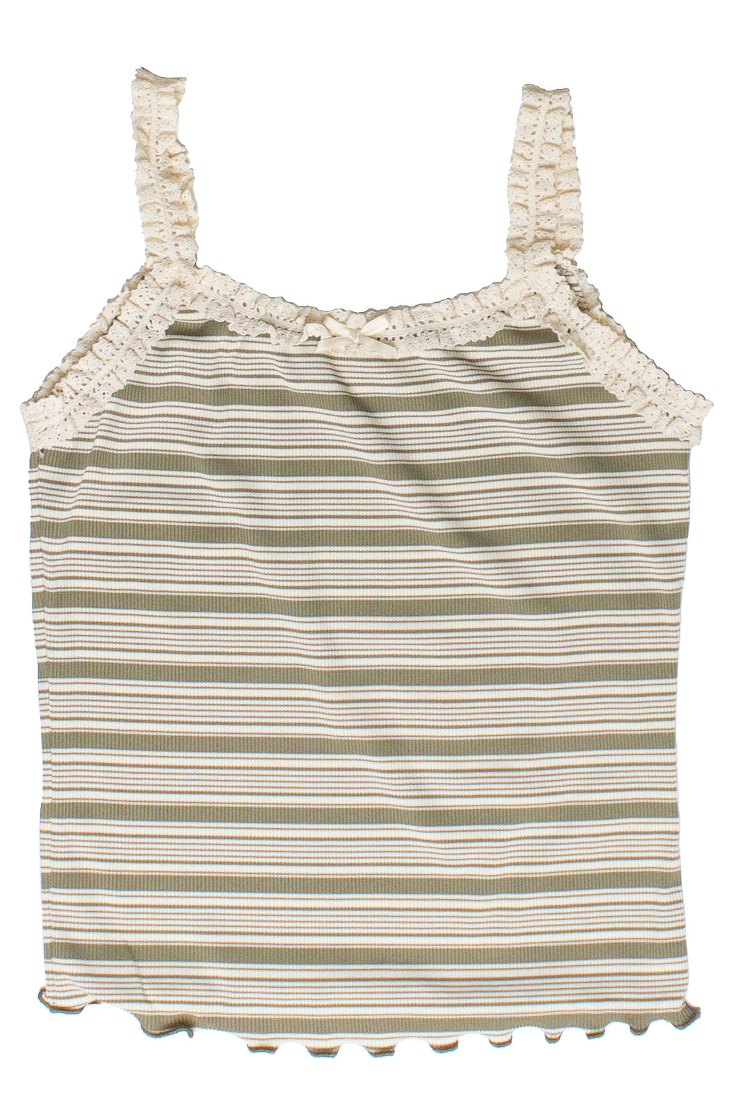 Striped Ribbed Lace Trim Tank Top - Olive