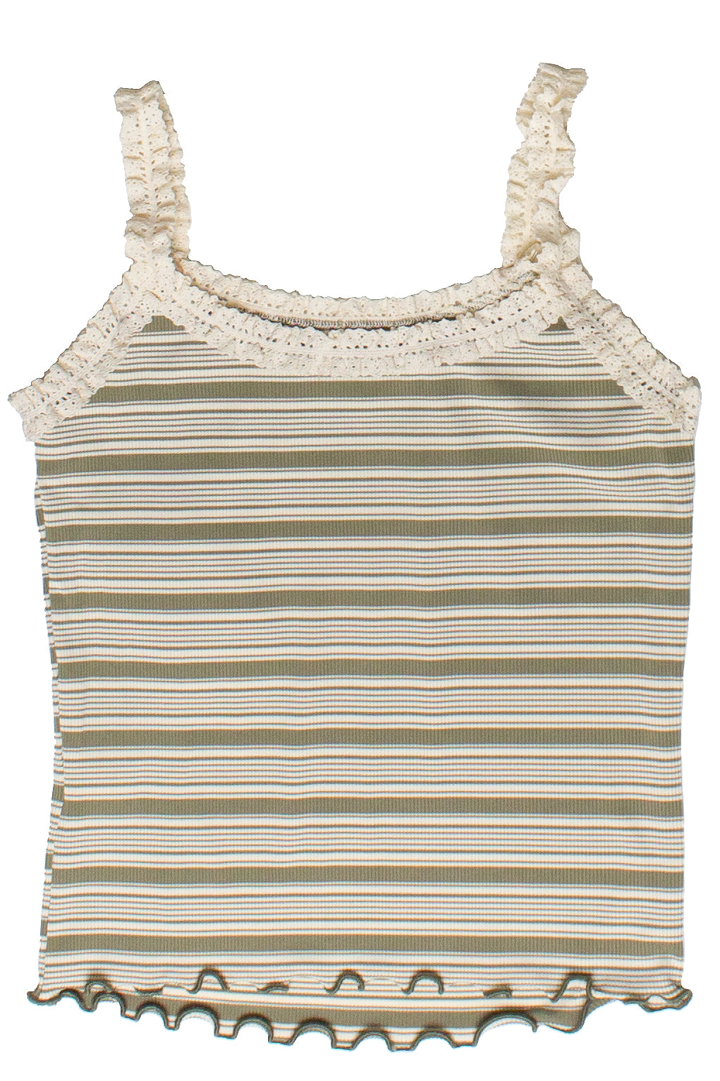 Striped Ribbed Lace Trim Tank Top - Olive