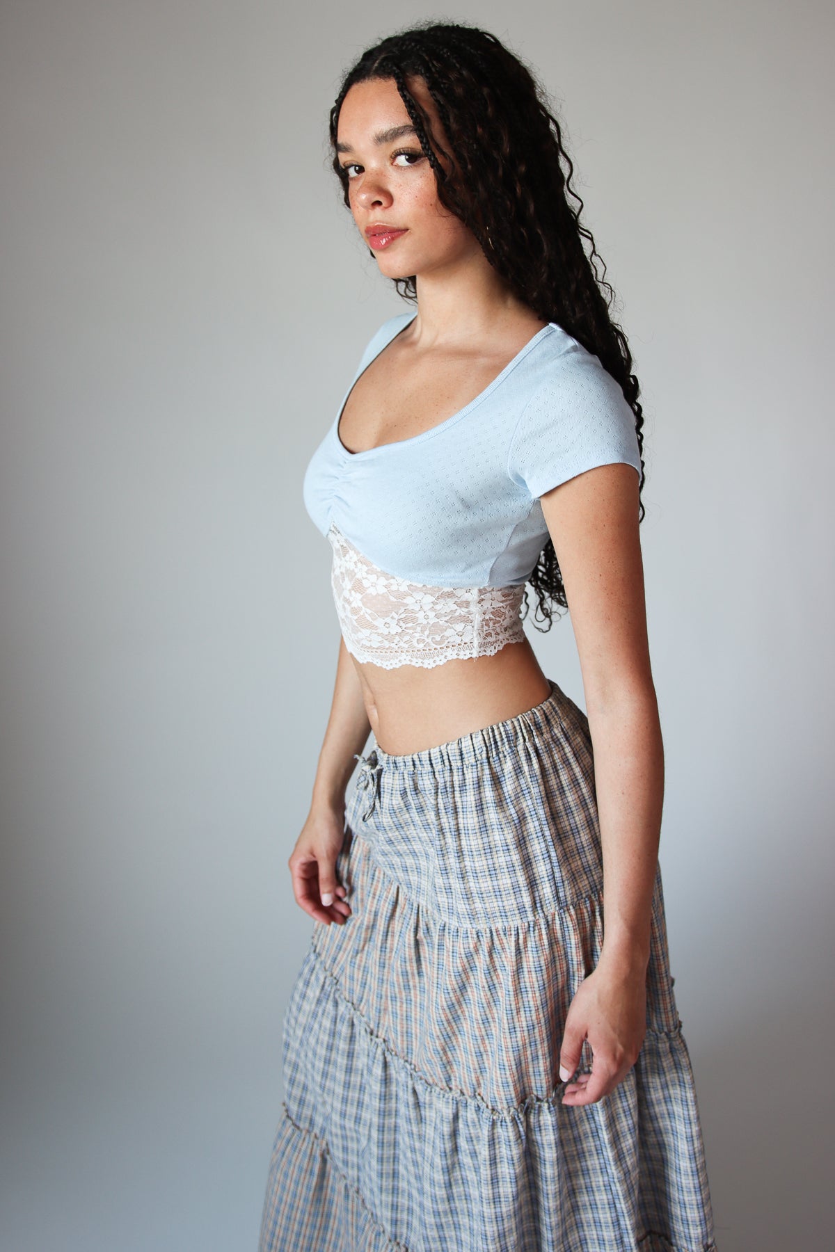 Lace Hem Pointelle Crop Tee