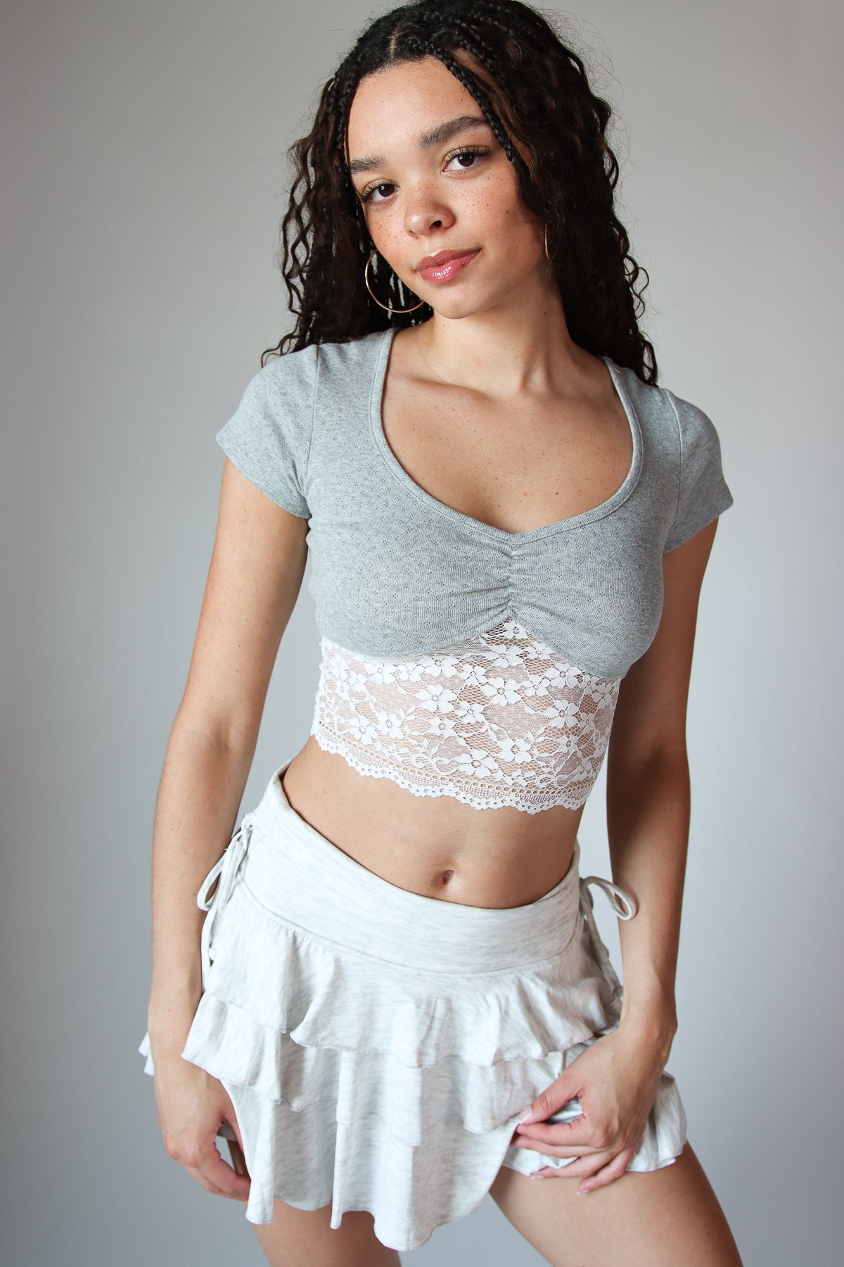 Lace Hem Pointelle Crop Tee
