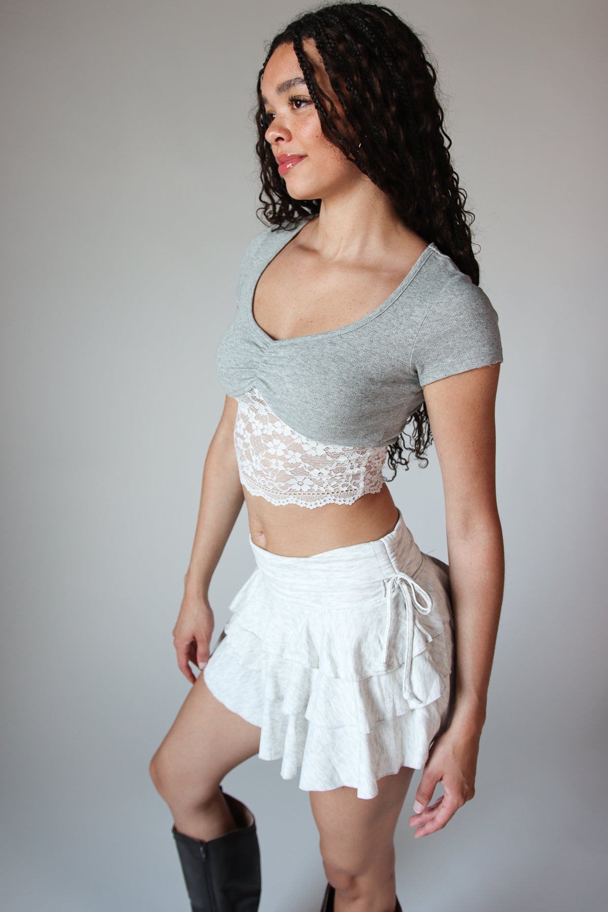 Lace Hem Pointelle Crop Tee