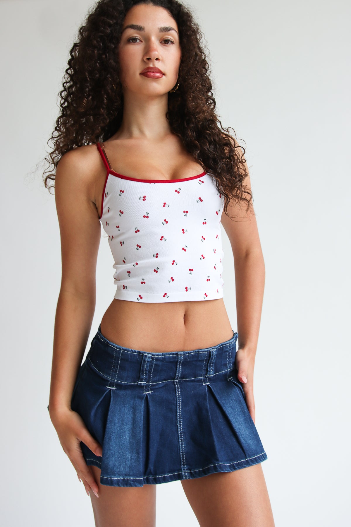 Seamless Cherry Print Ringer Cami Red Trim