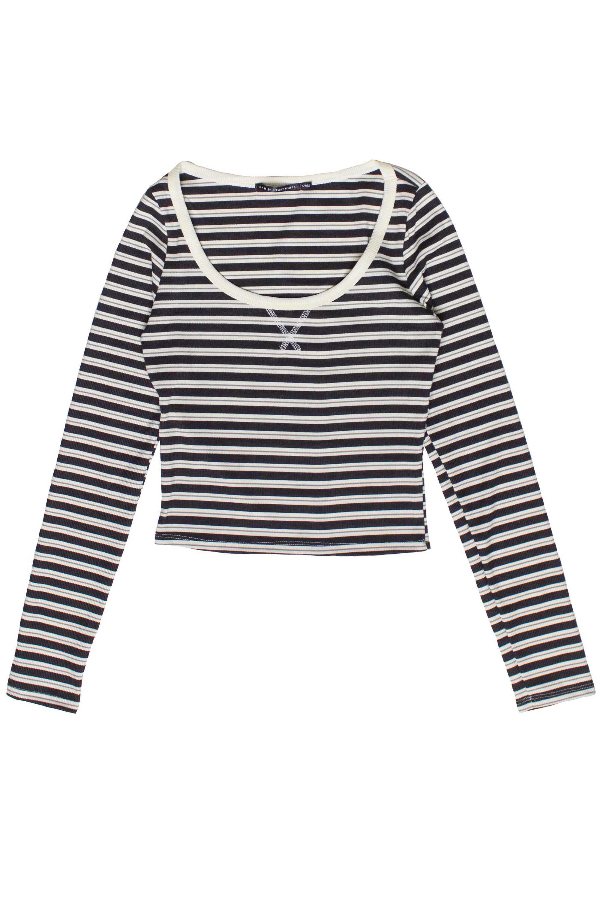 Striped Scoop Neck Long Sleeve Top - Black
