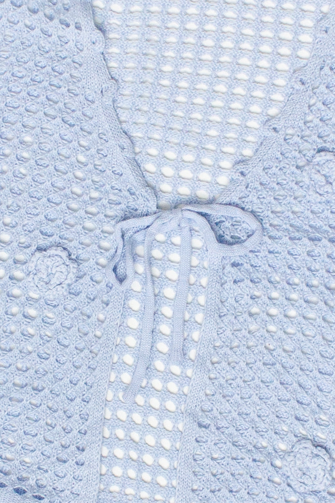 Flower Crochet Mesh Tie Front Cardigan - Light Blue