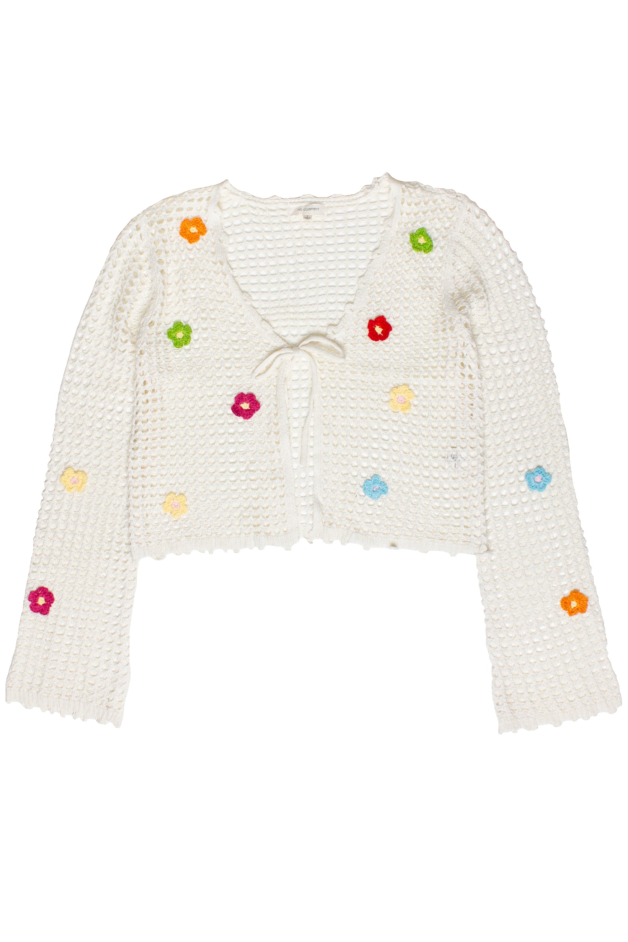 Flower Crochet Mesh Tie Front Cardigan - White