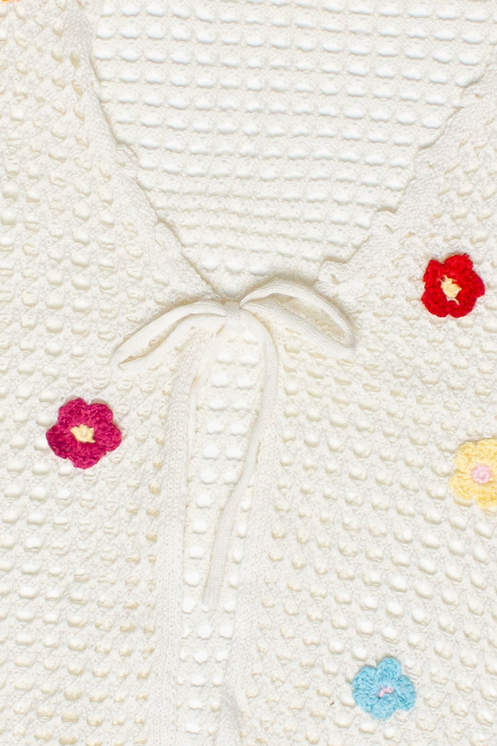 Flower Crochet Mesh Tie Front Cardigan - White