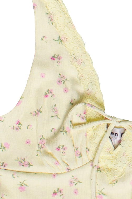 Tie Front Lace Trim Floral Tank Top