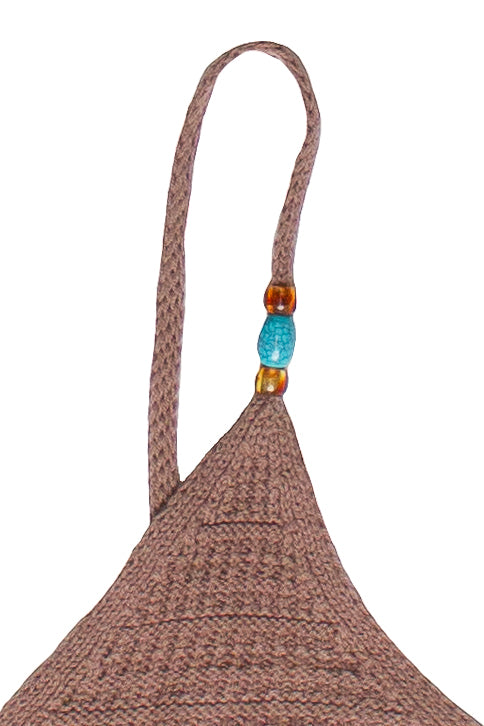 Beaded Straps Pointelle Knit Flyaway Tank Top - Brown