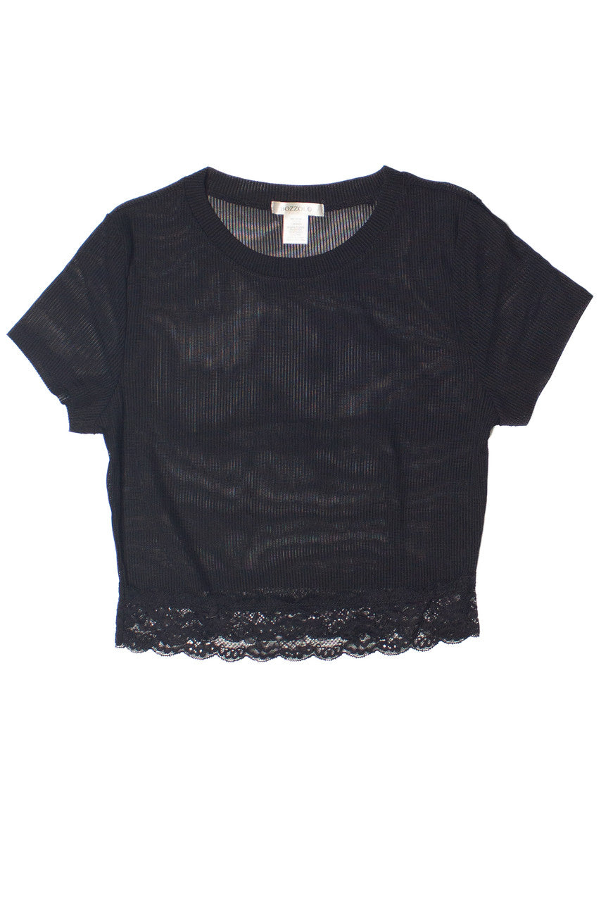 Lace Trim Ribbed Mesh Crop Tee