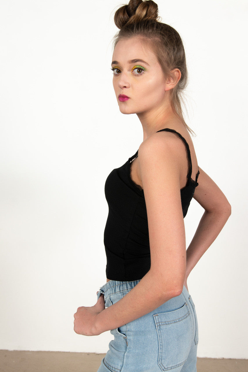 Black Ruched Lace Trim Cami