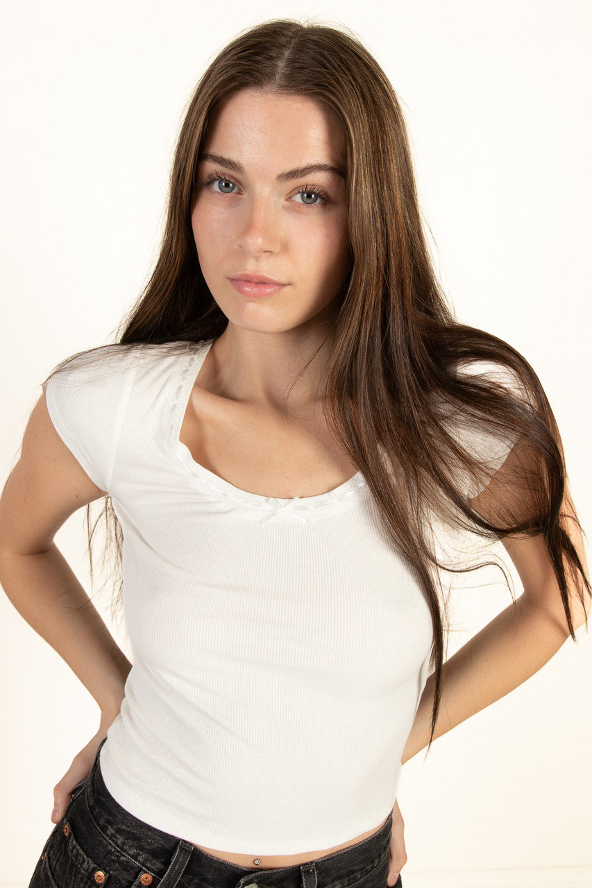White Satin Bow Ribbed Shirt