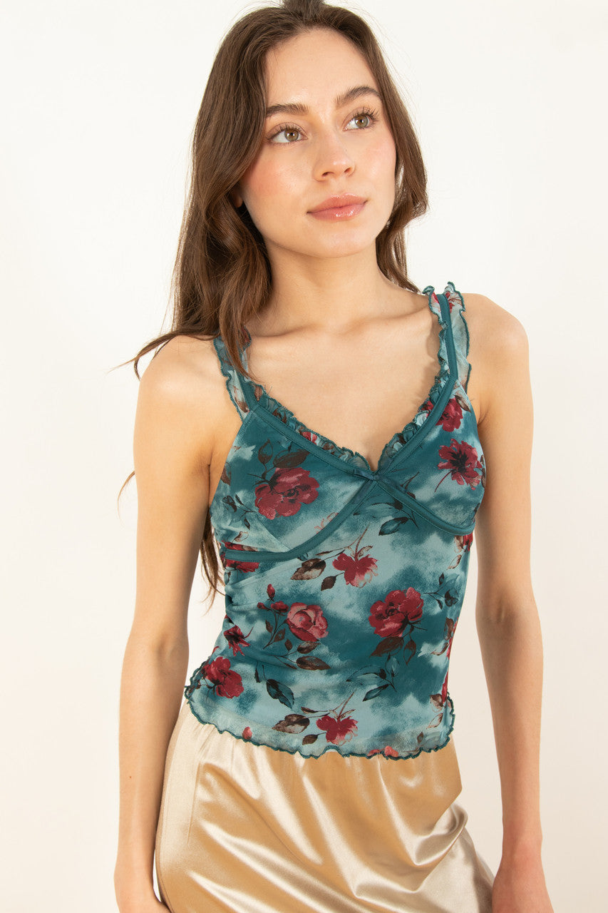 Teal Floral Ruffle Mesh Tank