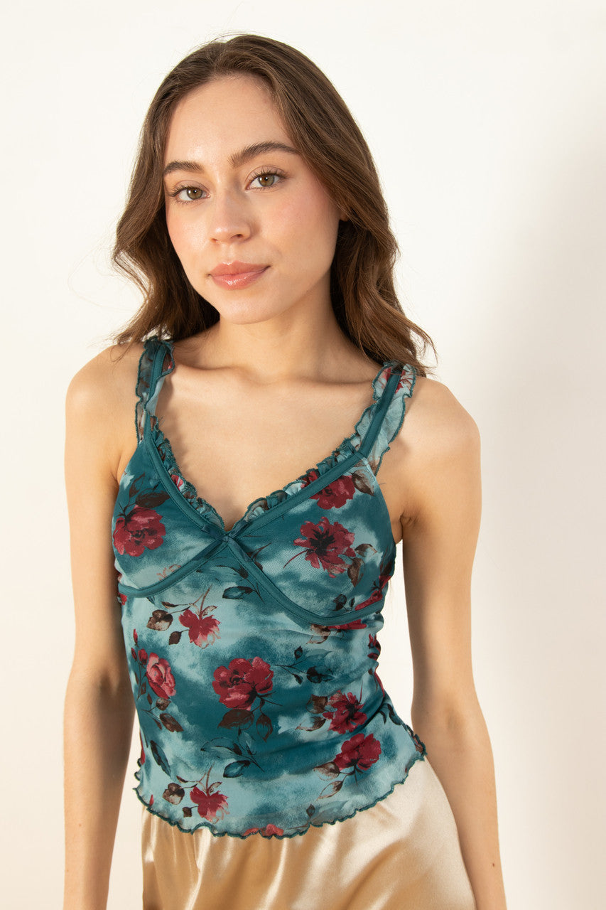 Teal Floral Ruffle Mesh Tank