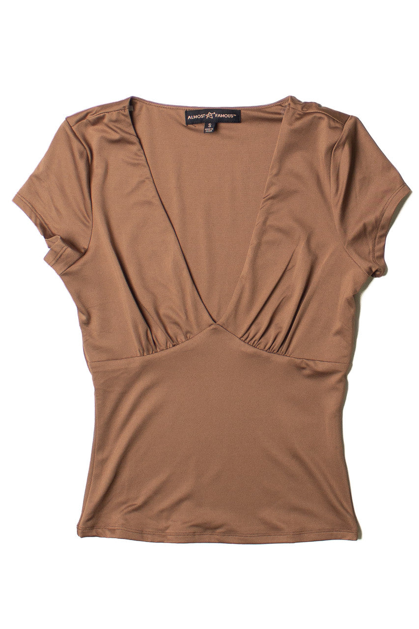 Brown Plunge V Neck Tee