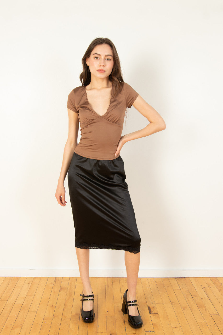 Brown Plunge V Neck Tee