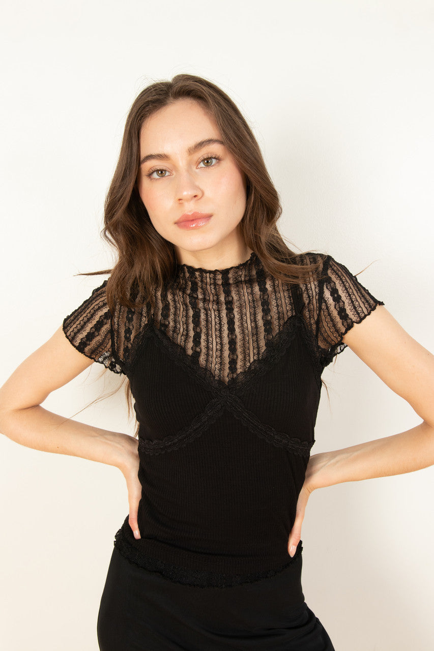 Black Lace Tee With Cami Set