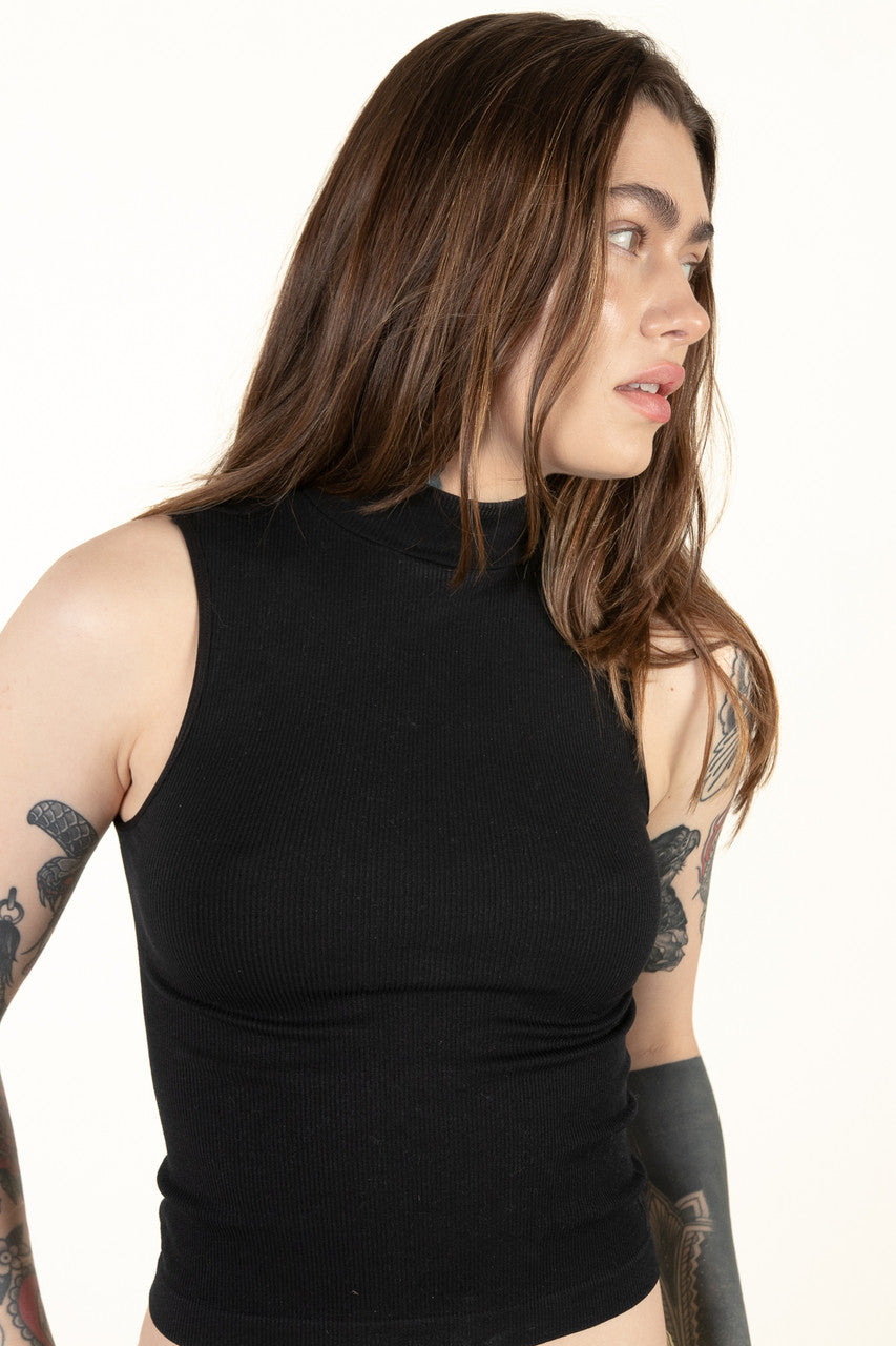 Black Seamless Mock Neck Tank