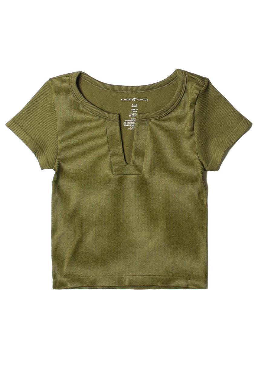 Caper Green Seamless Ribbed Notch Neck Tee