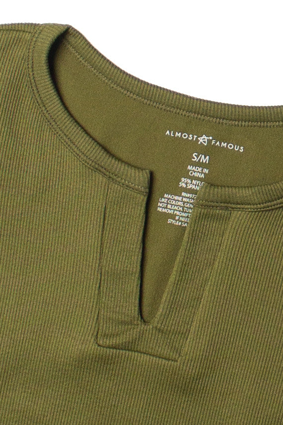 Caper Green Seamless Ribbed Notch Neck Tee