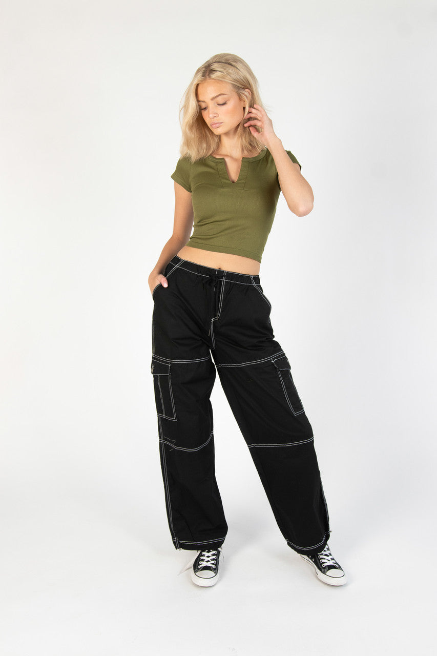 Caper Green Seamless Ribbed Notch Neck Tee