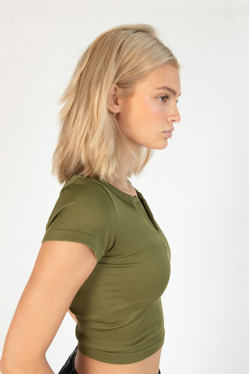 Caper Green Seamless Ribbed Notch Neck Tee