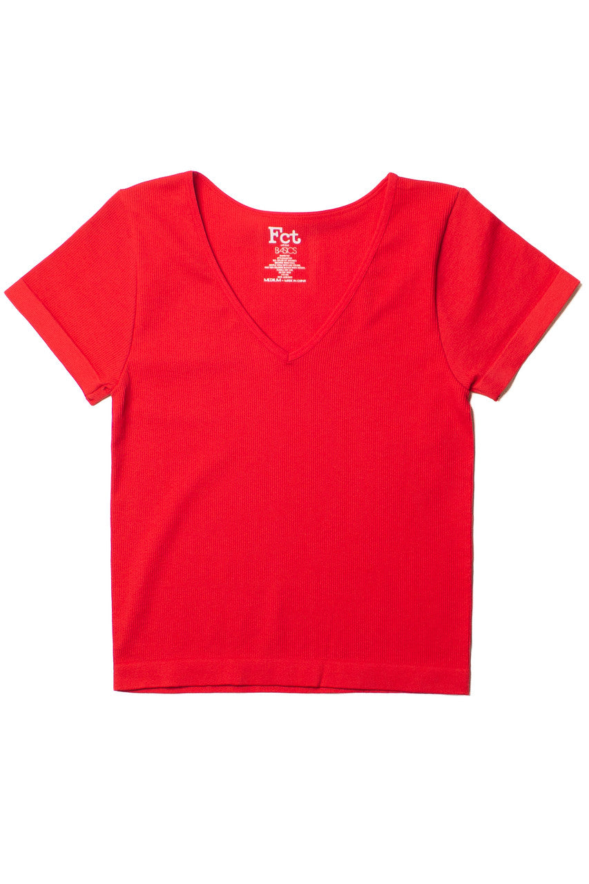 Red Seamless V Neck Tee
