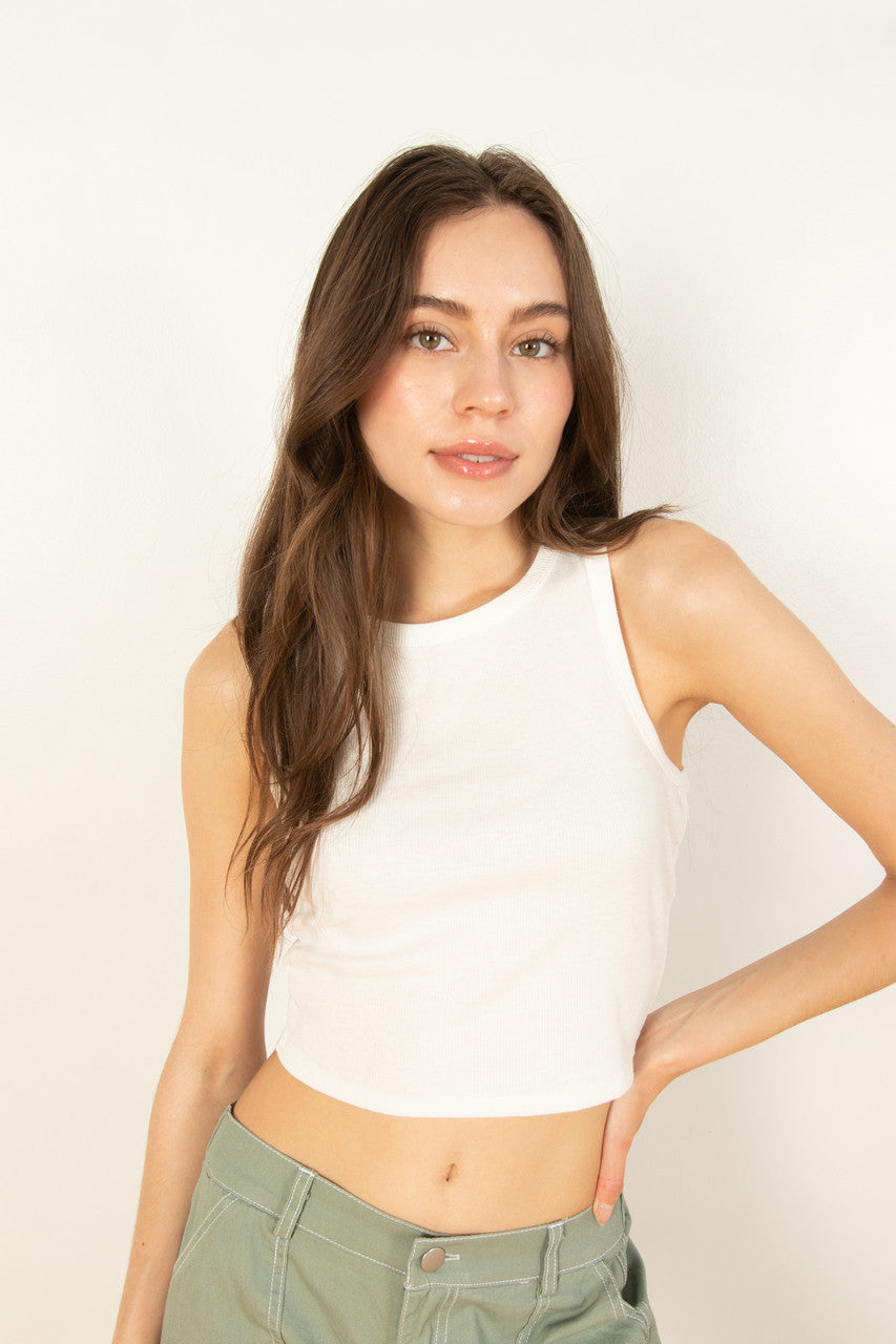White Ribbed Crop Tank