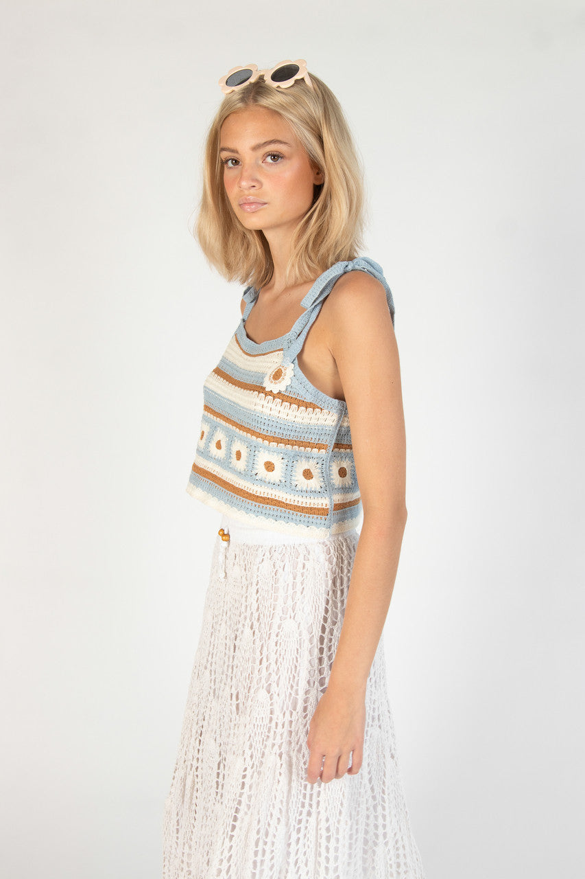 Sky Floral Tie Strap Crochet Tank