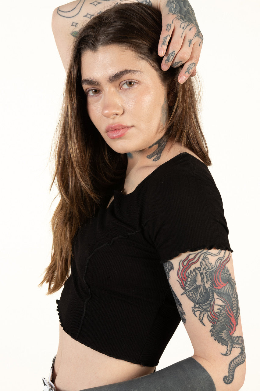 Black Seamed Keyhole Crop Top