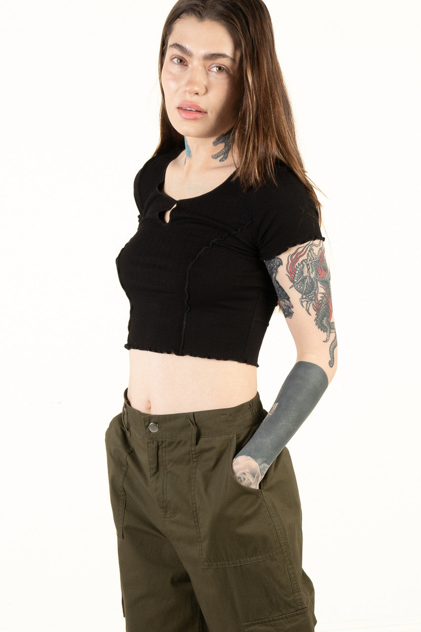 Black Seamed Keyhole Crop Top