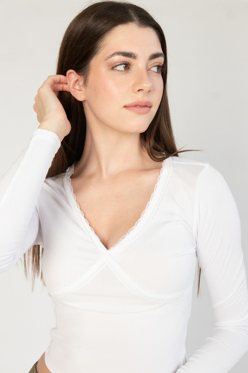 Lace Trim V-Neck Longsleeve