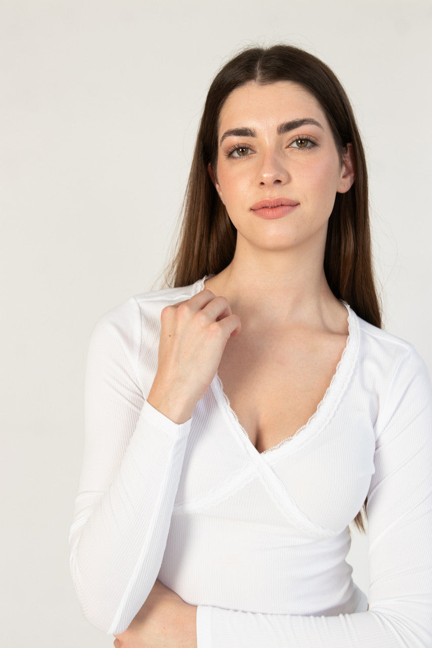 Lace Trim V-Neck Longsleeve