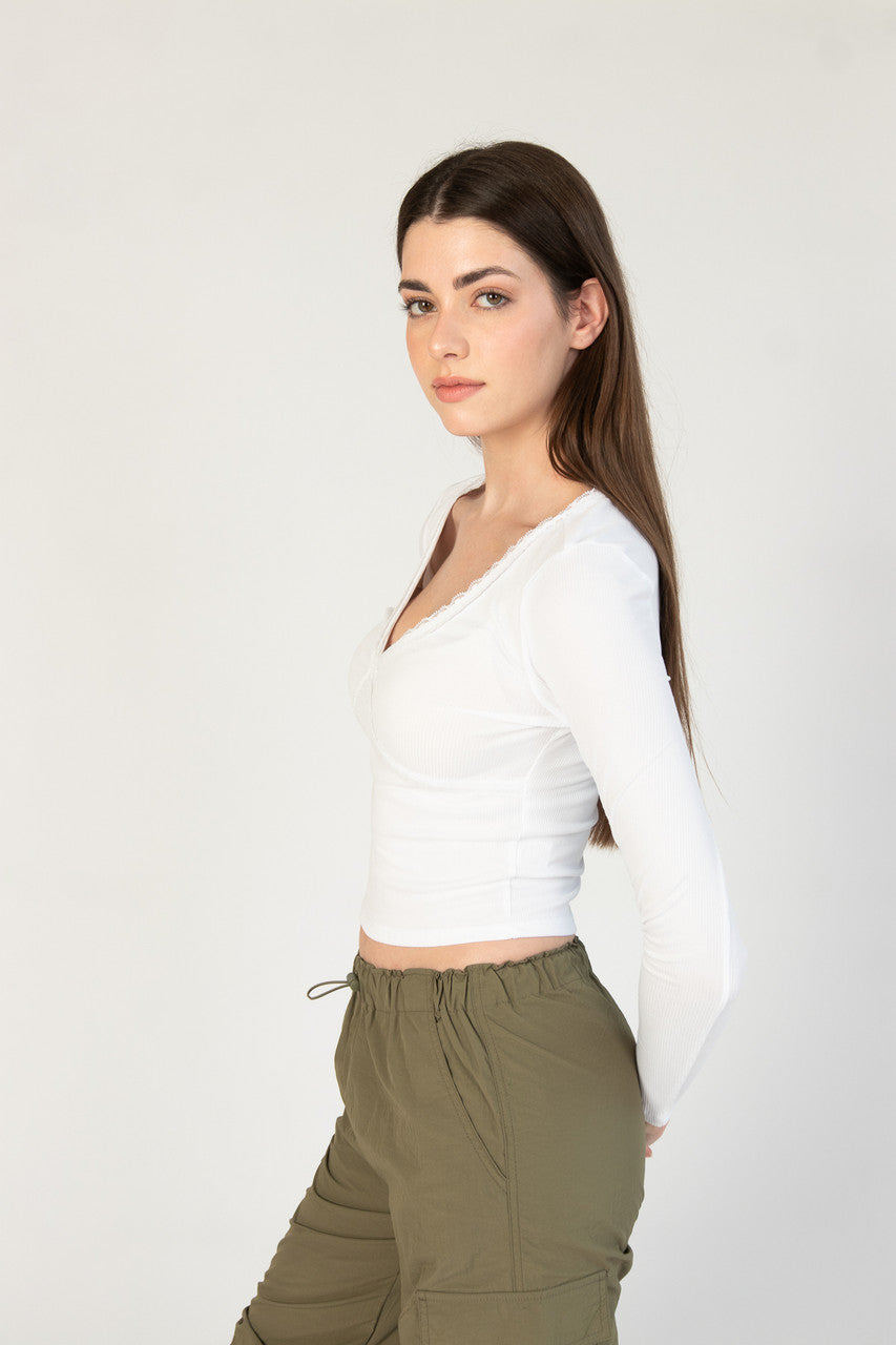 Lace Trim V-Neck Longsleeve