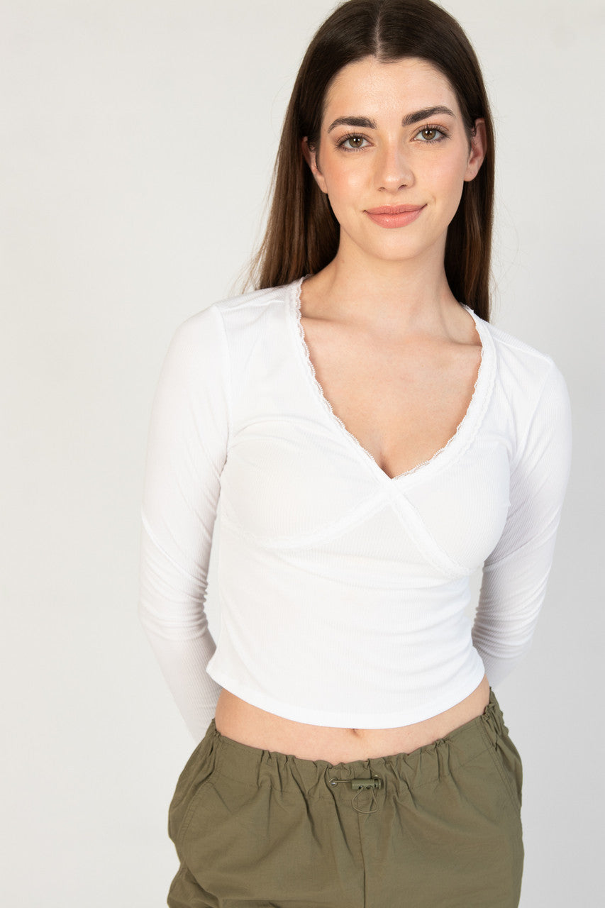 Lace Trim V-Neck Longsleeve