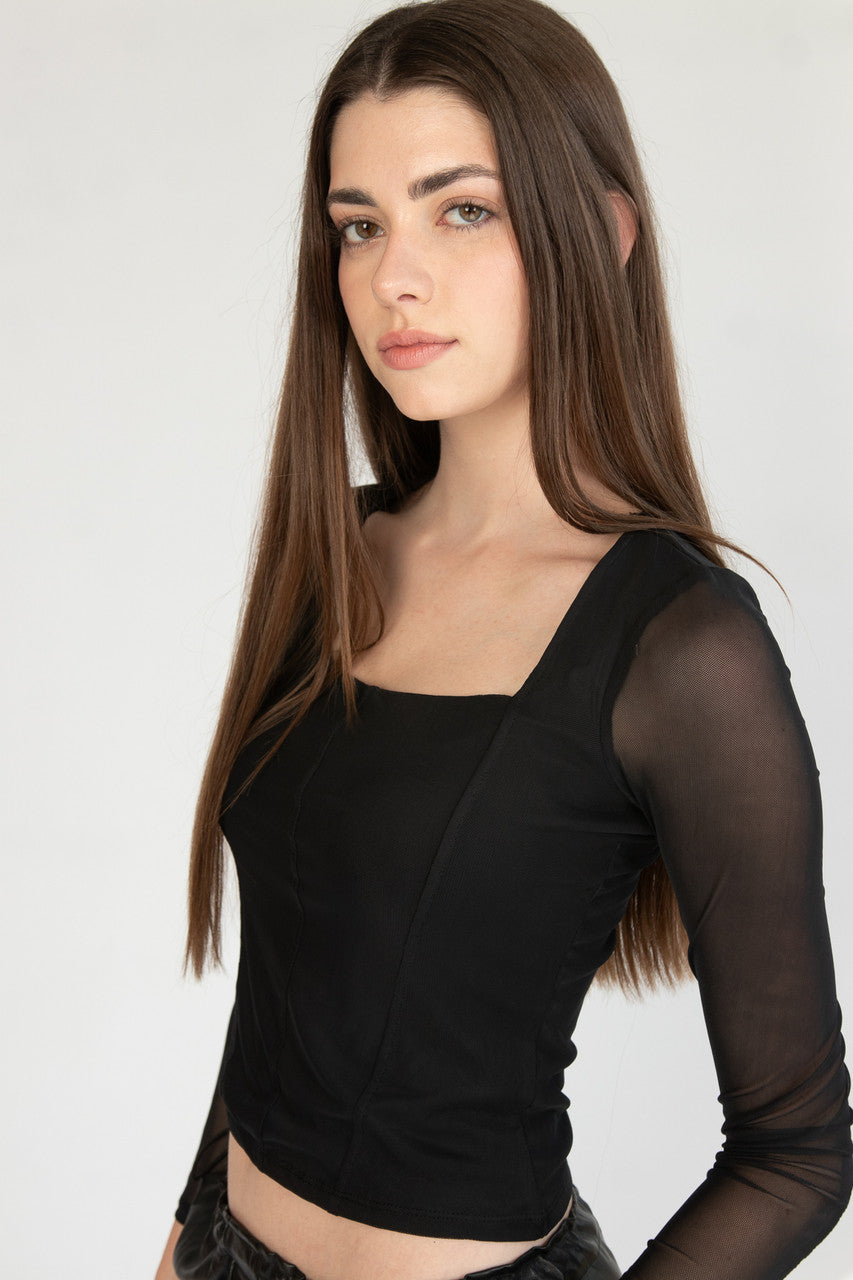 Soft Seam Long Sleeve Mesh Top