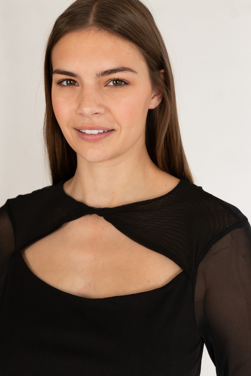 Long Sleeve Twist Front Mesh Top