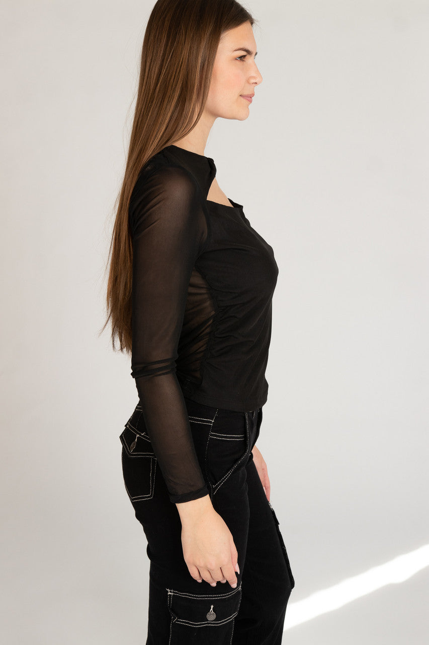 Long Sleeve Twist Front Mesh Top