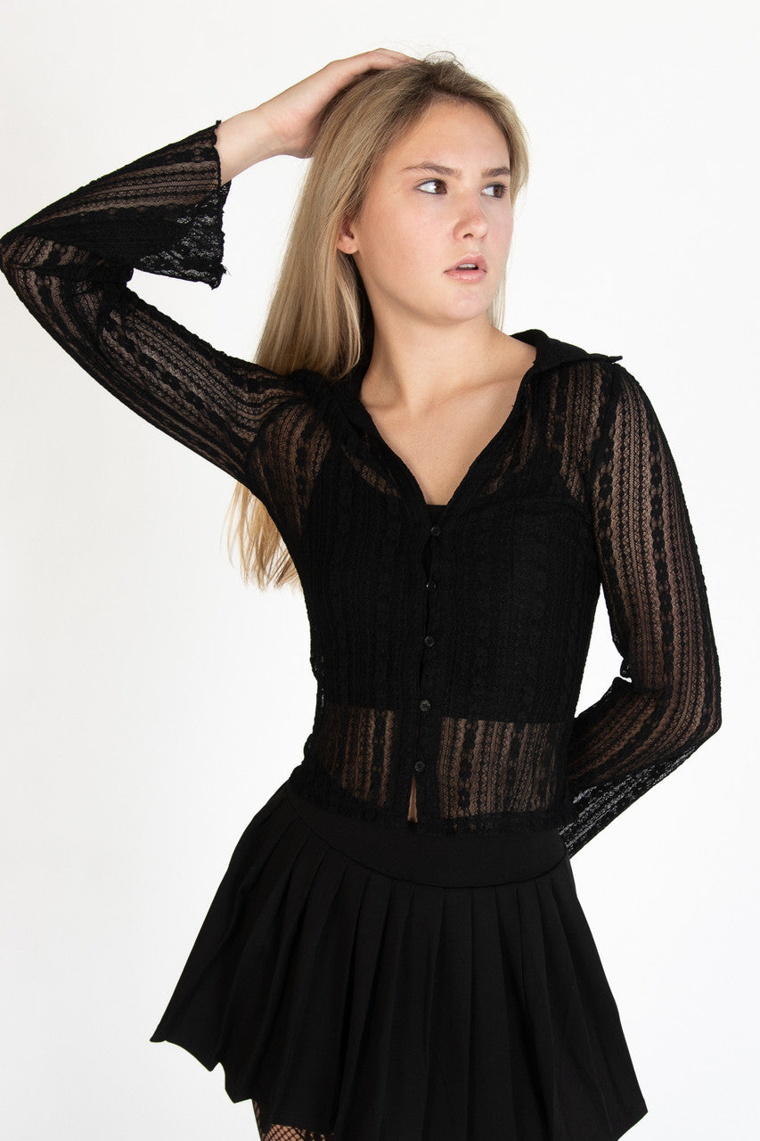 Black Long Sleeve Lace Button Up Shirt