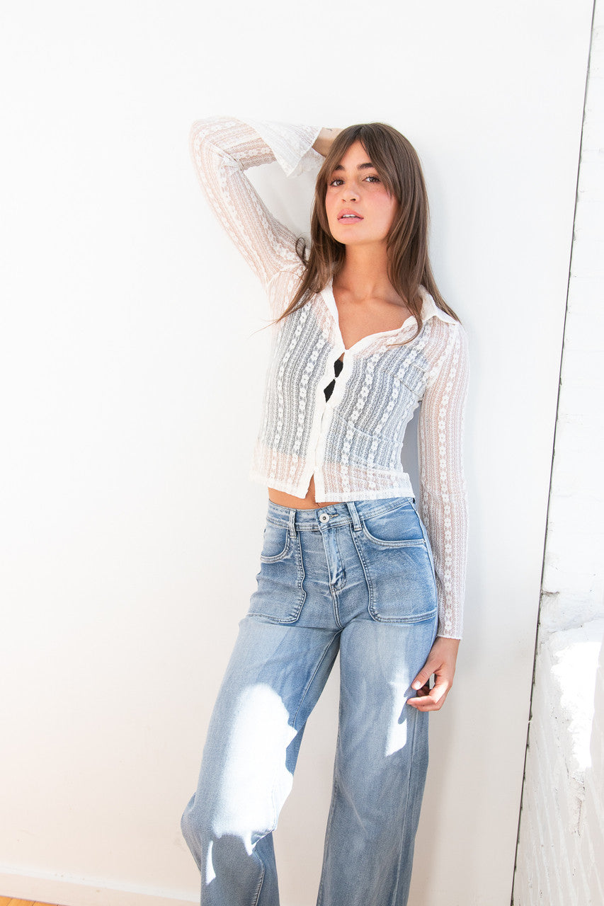 Long Sleeve Lace Button Up Shirt