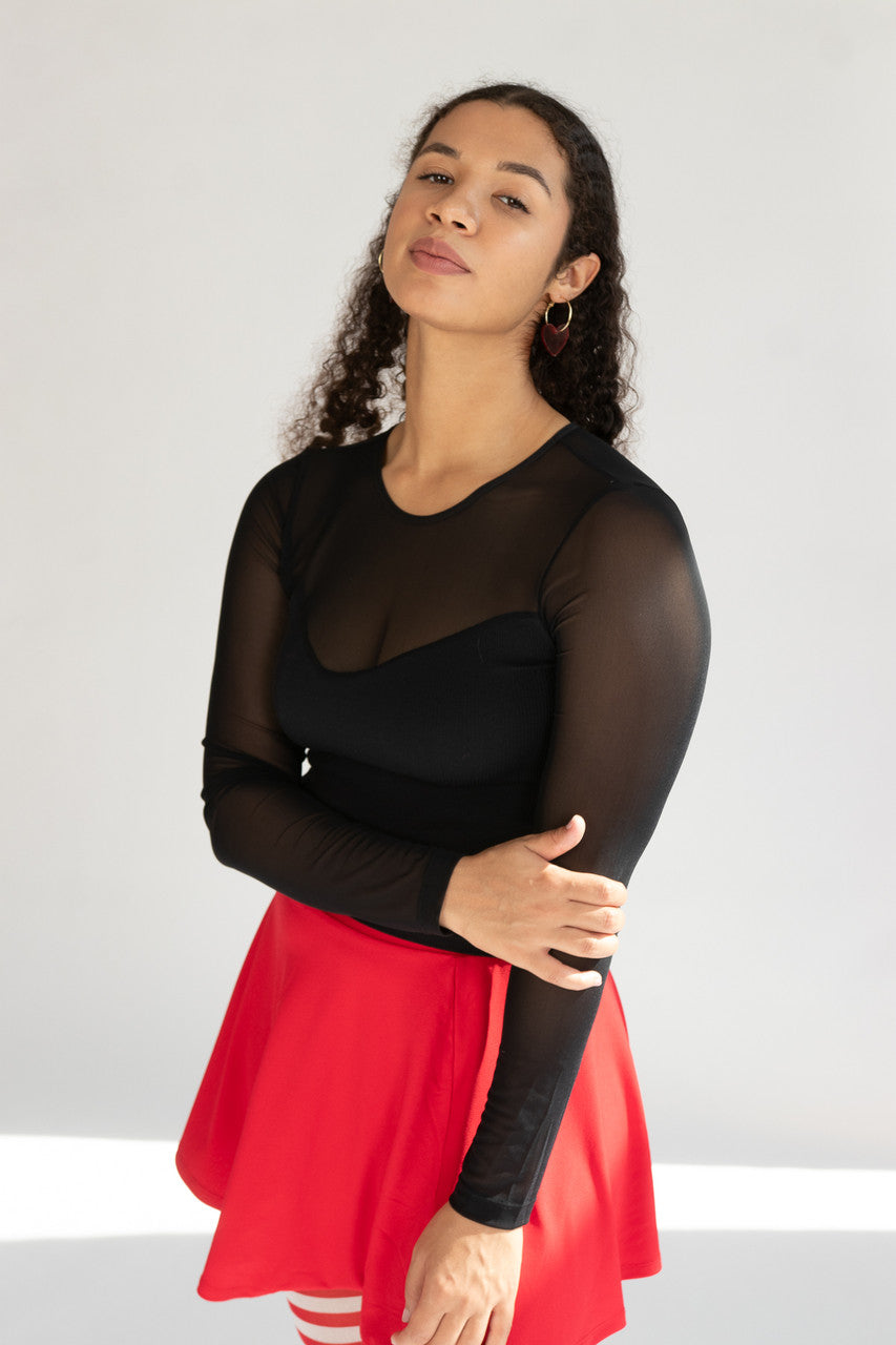 Black Mesh Sweetheart Long Sleeve Top