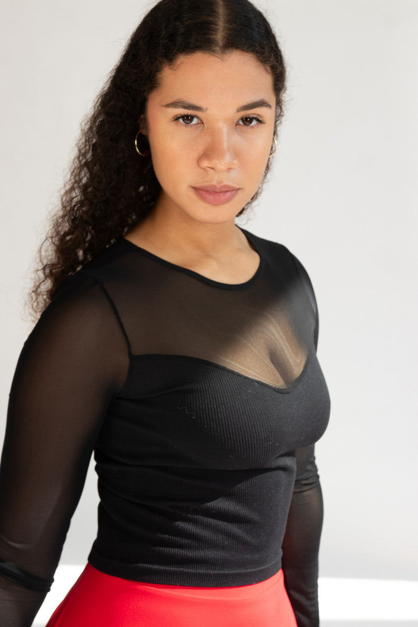 Black Mesh Sweetheart Long Sleeve Top