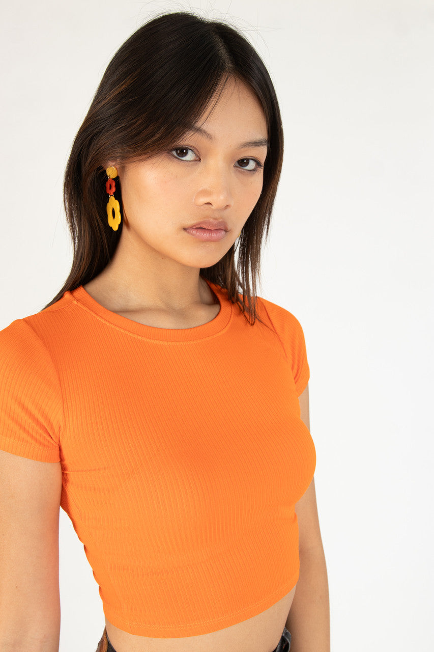 Orange Ribbed Crop Shirt