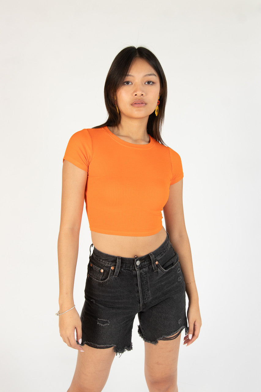Orange Ribbed Crop Shirt