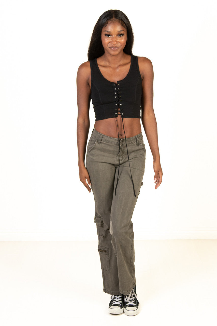 Black Lace Up Front Tank