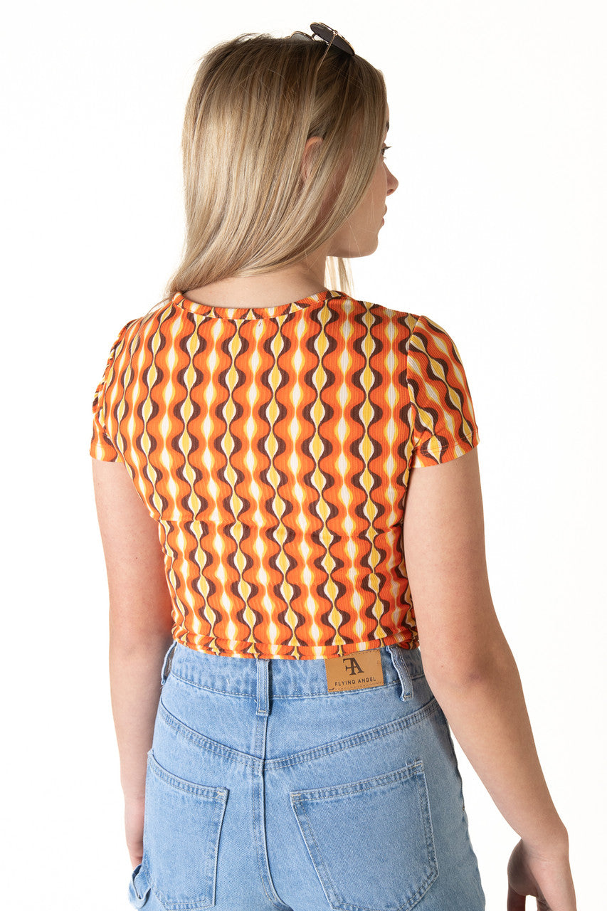 70's Wave Print Notch Neck Tee