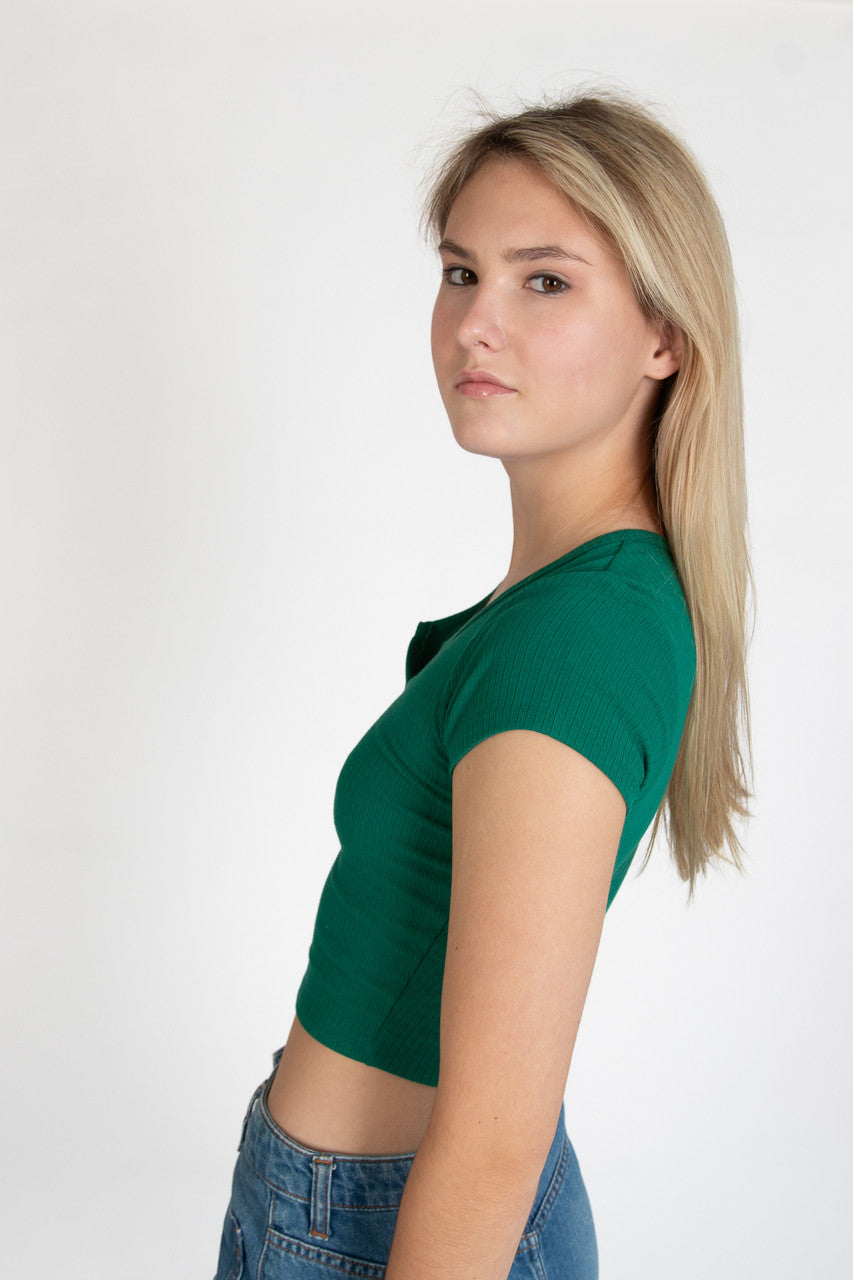 Green Notched Ribbed Crop Tee