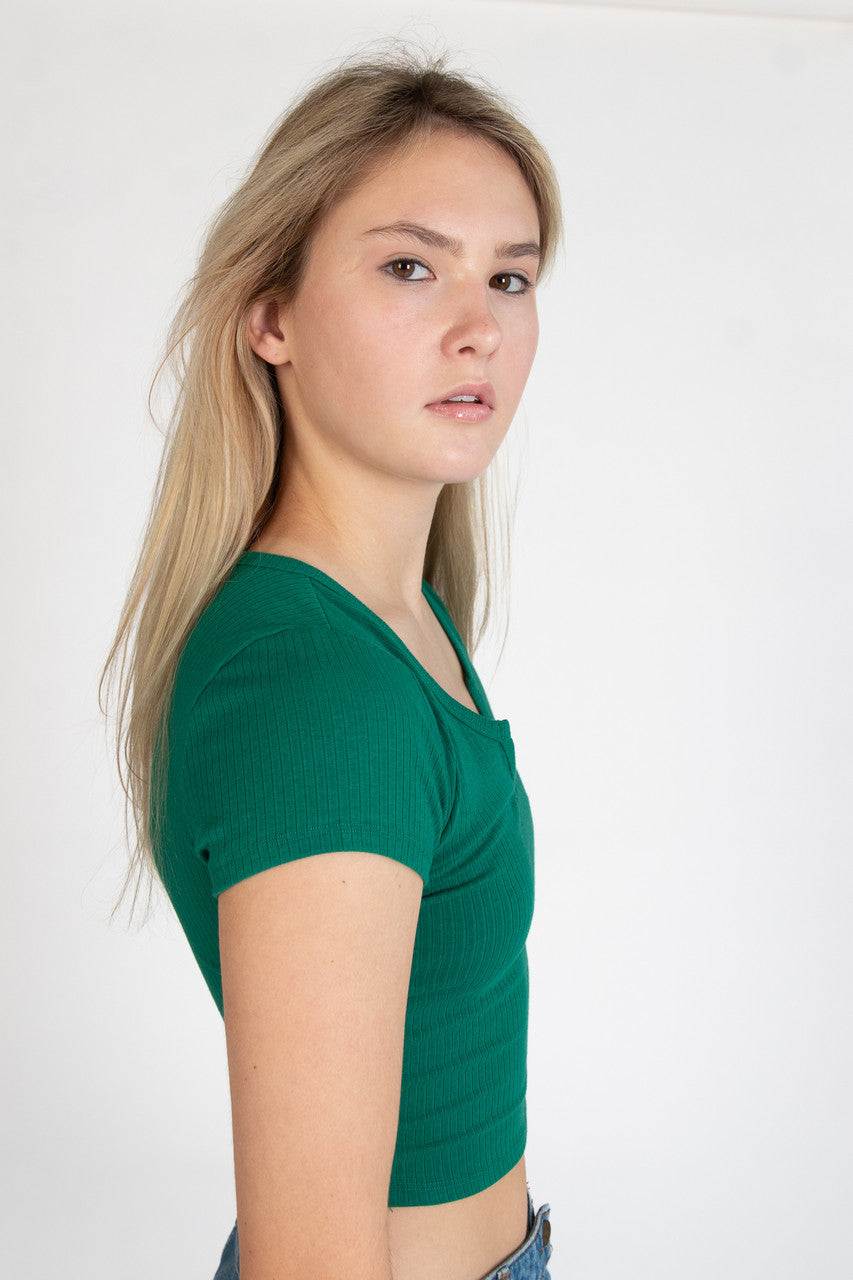Green Notched Ribbed Crop Tee