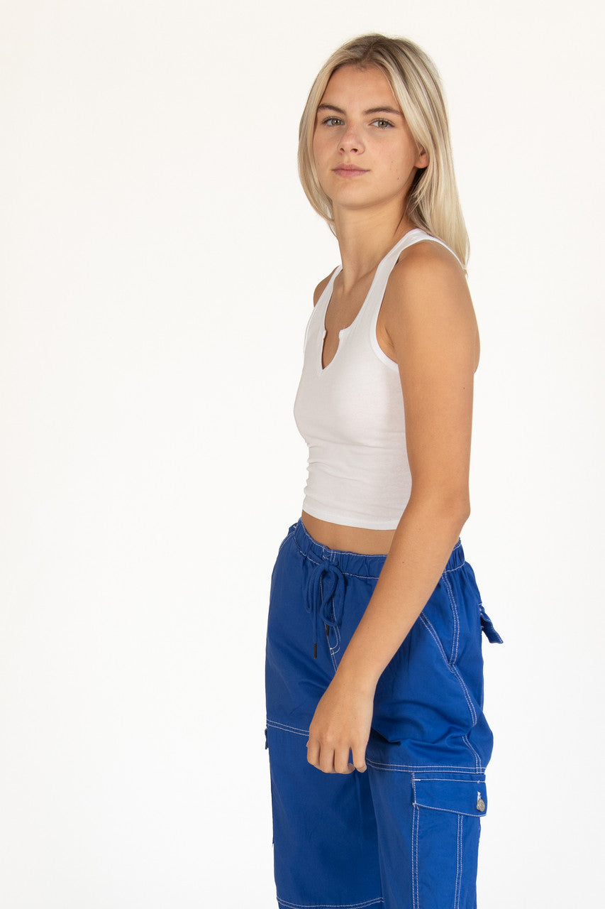White Sleeveless Notch Neck Shirt