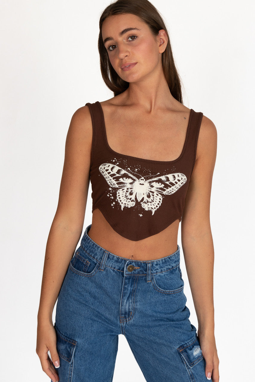 Brown Moth Crop Tank Top