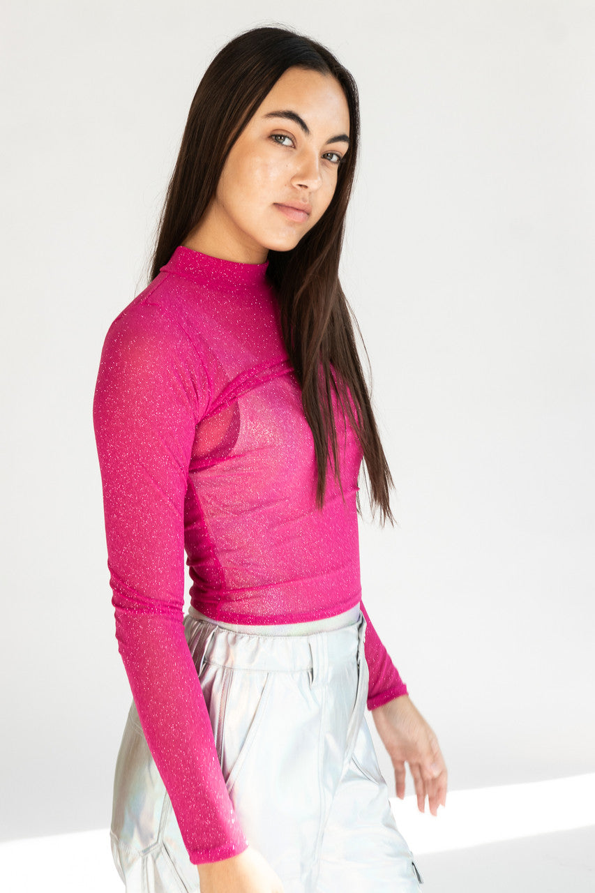 Fuchsia Glitter Mock Neck Long Sleeve Top